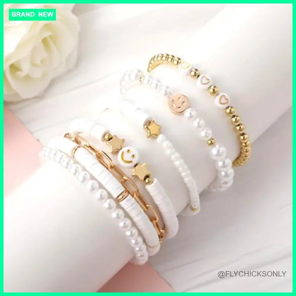 7 Piece Stretch Charm Bracelet Set Smiley Heart Star Beads Girls Teens